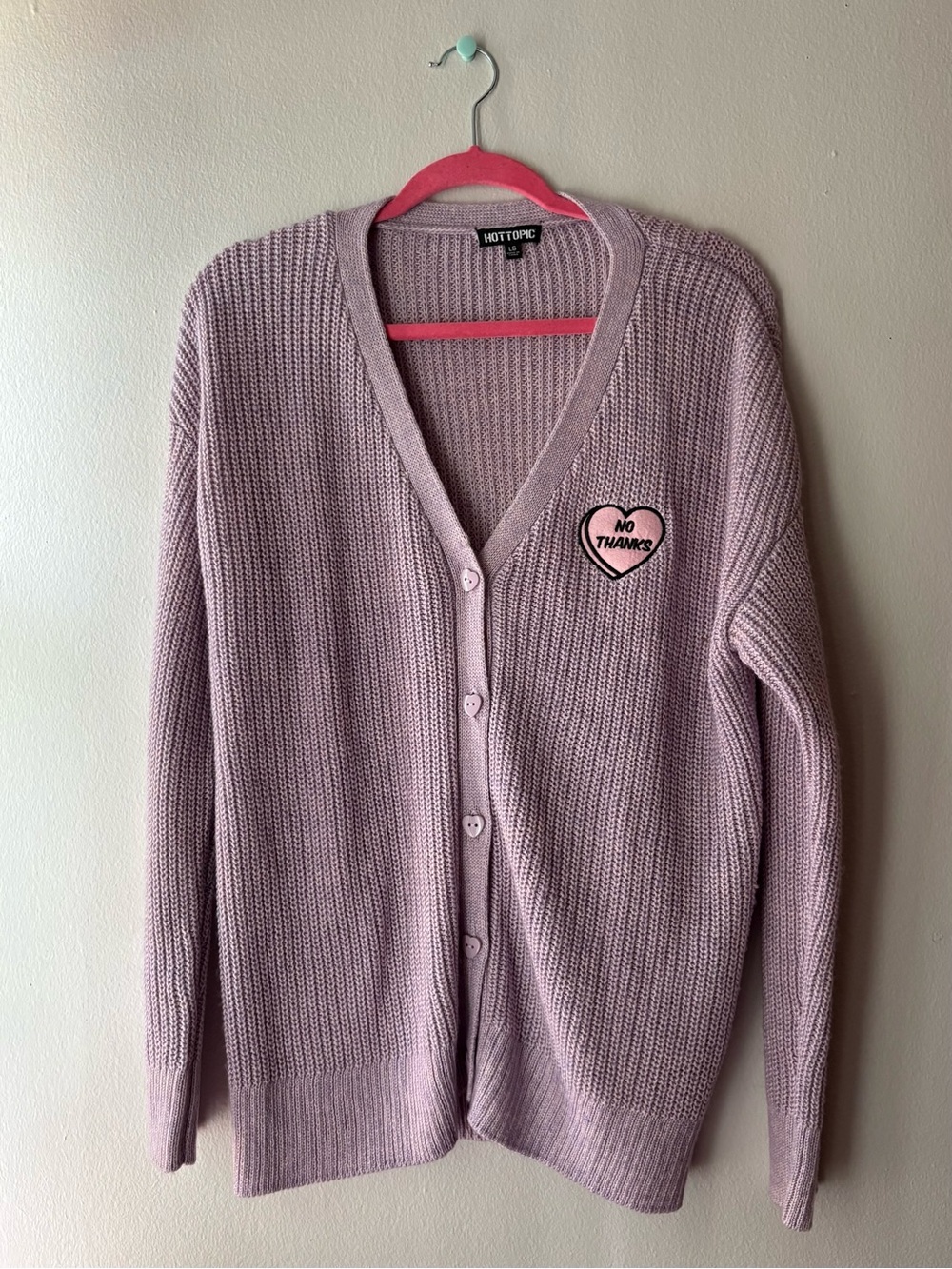 Hot Topic Lilac Button-Up Cardigan with 'No Thanks' Heart Patch
